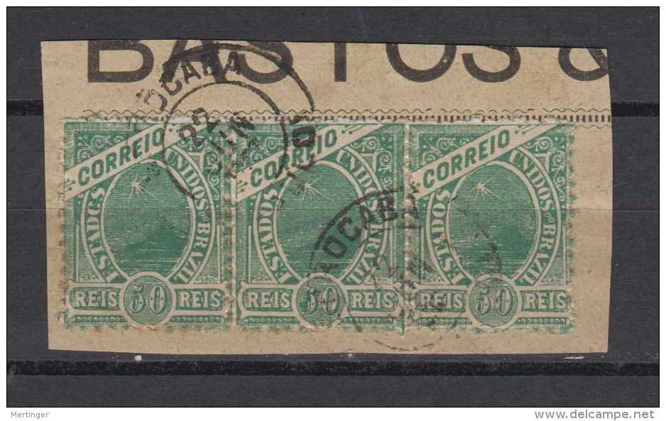 Brazil Brasil Mi# 142 50R MADRUGADA Green Strip Of 3 On Fragment SOROCABA Postmark - Used Stamps