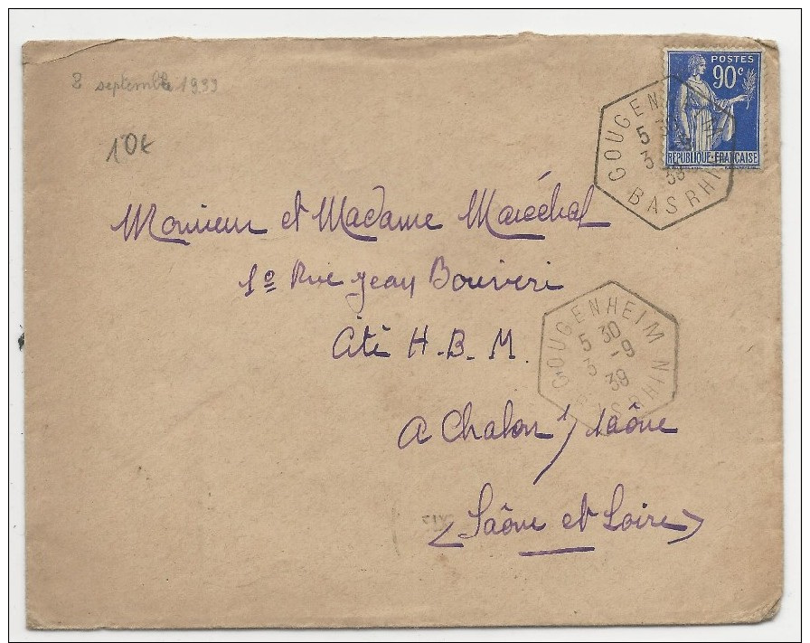 BAS-RHIN - 1939 - PAIX 90c Sur ENVELOPPE De GOUGENHEIM - CACHET HEXAGONAL D´AGENCE POSTALE - 1921-1960: Période Moderne