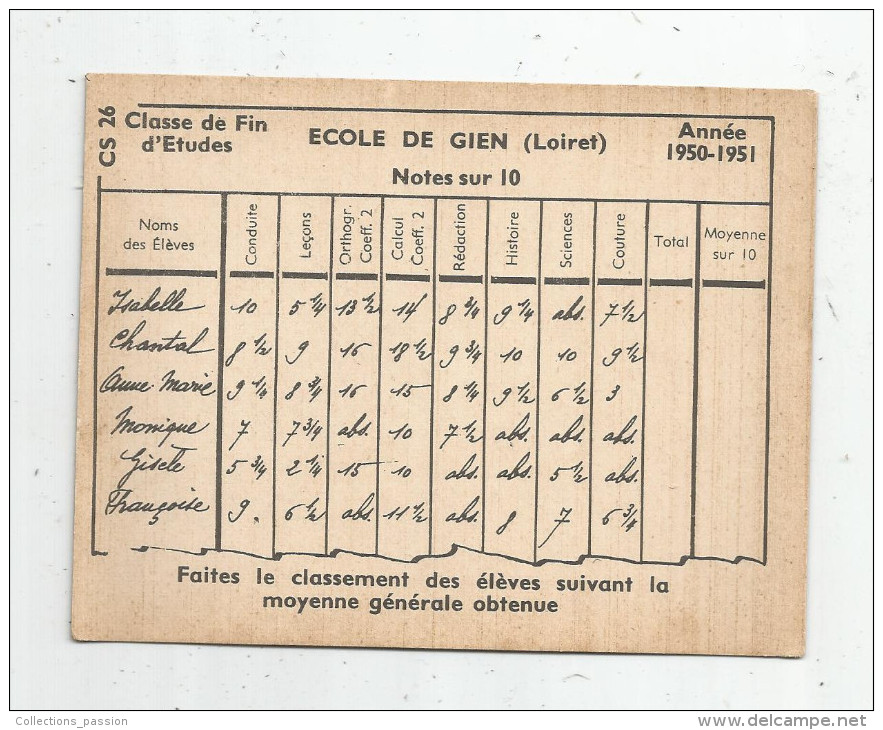 Fiche Cartonnée , Studia , école , C.S 26 , école De GIEN , Classe De Fin D'études - Altri & Non Classificati