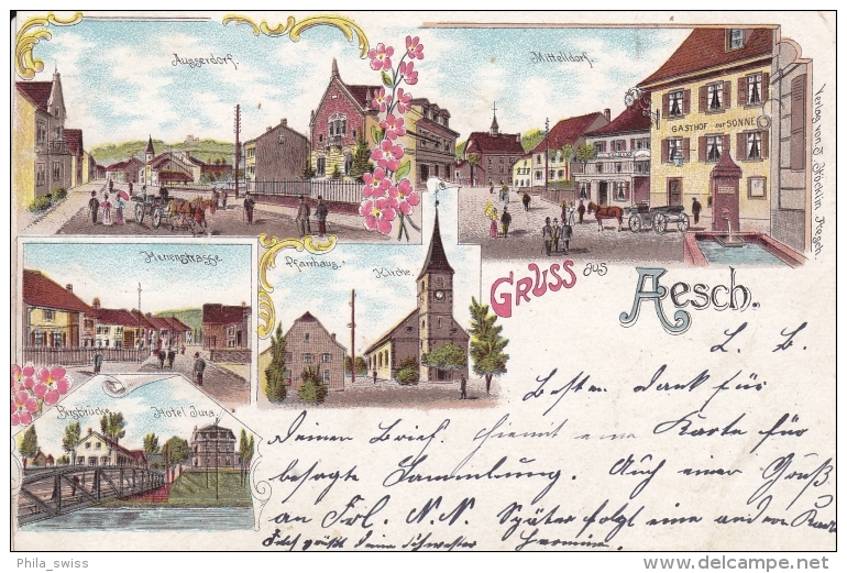 Aesch BL - Farbige Litho - Ausserdorf, Mitteldorf, Herrenstrasse, Pfarrhaus Mit Kirche, Hotel Jura - Aesch