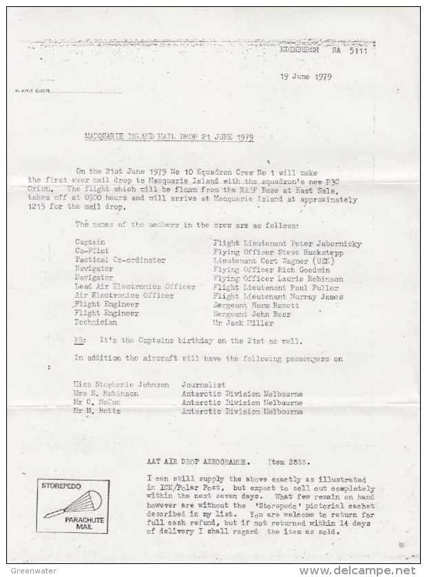 AAT 1979 Macquarie Island RAAF Orion Airdrop Aerogramme Signed (+info Letter) (29197) - Brieven En Documenten