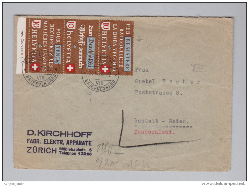 Schweiz KSZ Zusammendruck 1942-03-26 Zürich Brief Mit Altstoff Zu#236c Mi#Szd11 - Se-Tenant