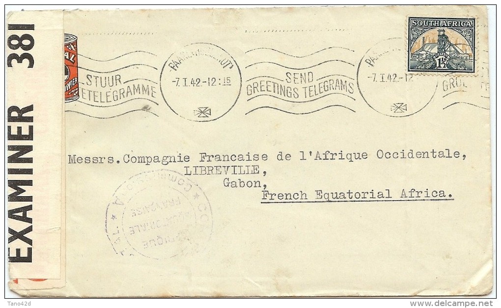 LBL37ETR -AFRIQUE DU SUD - LETTRE  DU 7/1/1942 POUR LIBREVILLE CENSURE - Covers & Documents