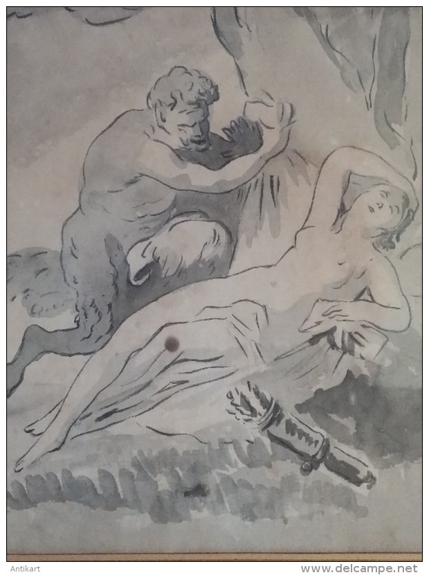 Ecole Française Du XIXe  Diane Endormie Et Le Satyre - Encre Et Lavis Sur Papier - Aquarelles