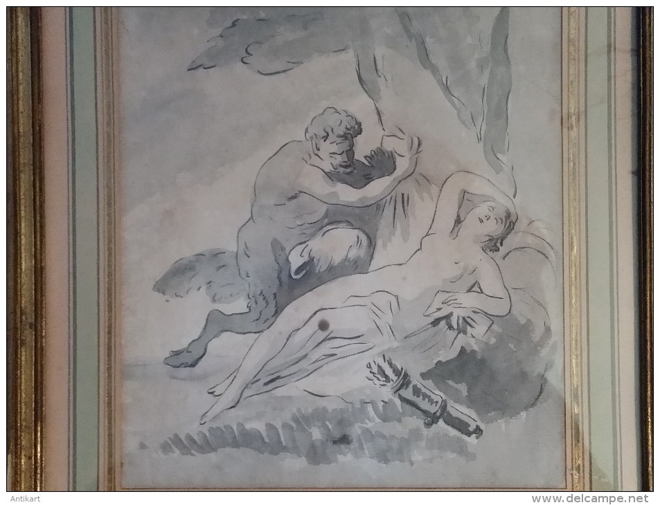 Ecole française du XIXe  Diane endormie et le satyre - Encre et lavis sur papier