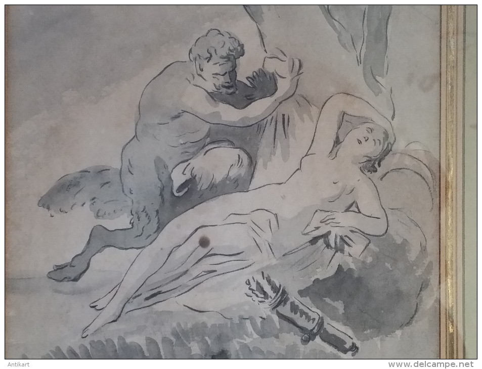 Ecole française du XIXe  Diane endormie et le satyre - Encre et lavis sur papier