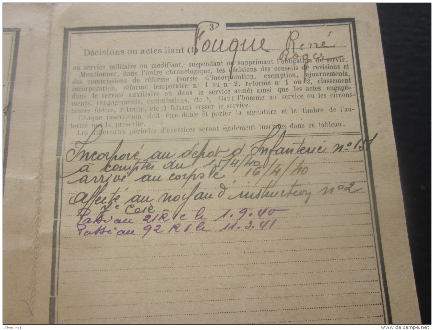 DOCUMENT MILITAIRE CLASSE 1939 WW2 FOUQUES R. Né 1919 DEPOT INFANTERIE N°151 NOYAU INSTRUCTION 2 LA COURTINE CLERMONT FD - Documents