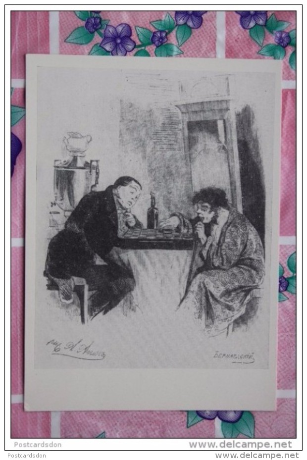 Agin "Chichikov And Nozdrev PLAYING Draughts"  - Dames - OLD USSR PC 1970 - Scacchi