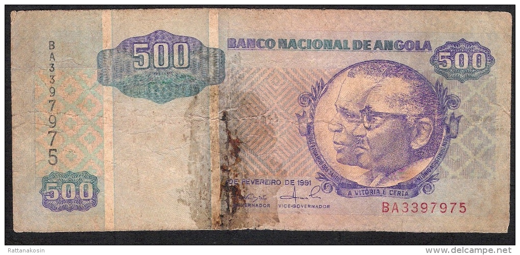 ANGOLA P127 500 KWANZAS  1991 VERY RARE ! ! Signature 5 FINE,NO Tear , NO P.h. ,only Folds And One Task ! - Angola