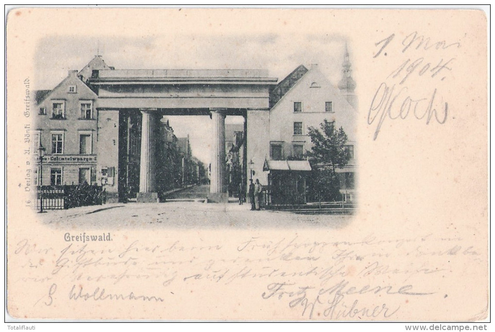 GREIFSWALD Steinbecker Tor Belebt Links Colonialwaaren 1. Mai 1904 Postalisch Ungelaufen - Greifswald