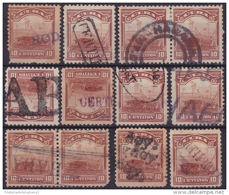 1905-100 CUBA. REPUBLICA. 1905. Ed.179. 10c. CAMPO ARADO. FANCY CANCEL LOT - Oblitérés