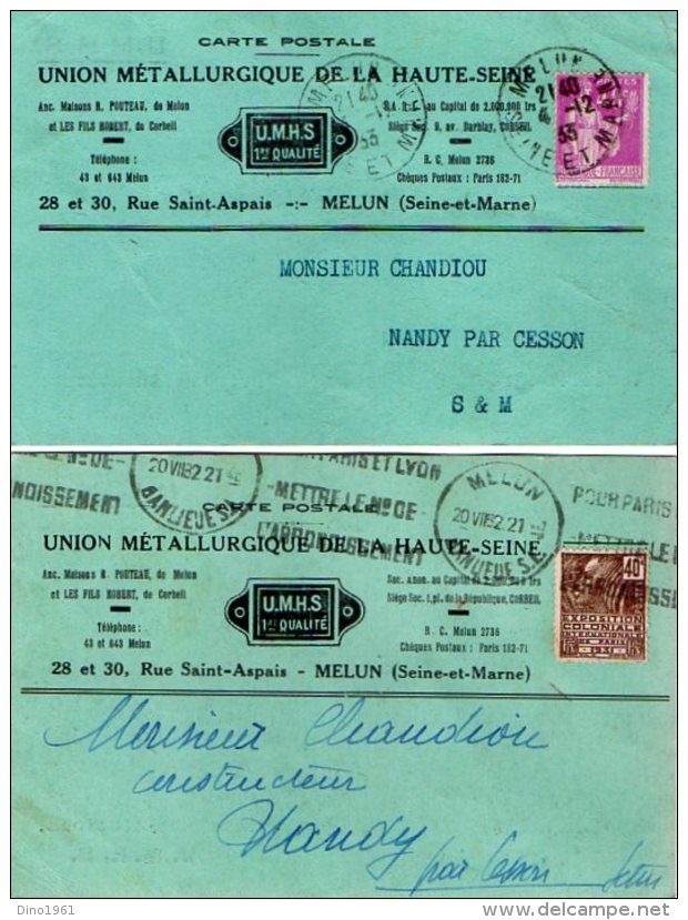 TB 986 - 2 Cartes Postales Publicitaires  U.M.H.S MELUN Pour NANDY Par CESSON - Andere & Zonder Classificatie