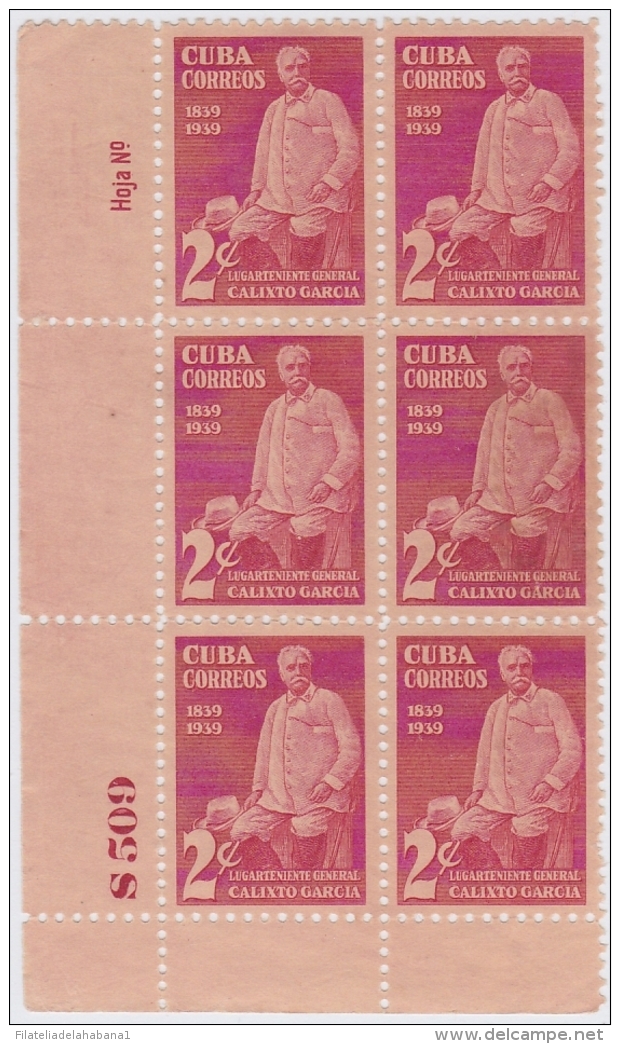 1939-153 CUBA. REPUBLICA. 1939. Ed.334. CALIXTO GARCIA. 2c PLATE NUMBER BLOCK 6 NO GUM. - Oblitérés