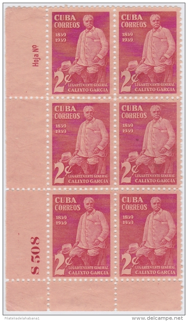 1939-154 CUBA. REPUBLICA. 1939. Ed.334. CALIXTO GARCIA. 2c PLATE NUMBER BLOCK 6 NO GUM. - Oblitérés
