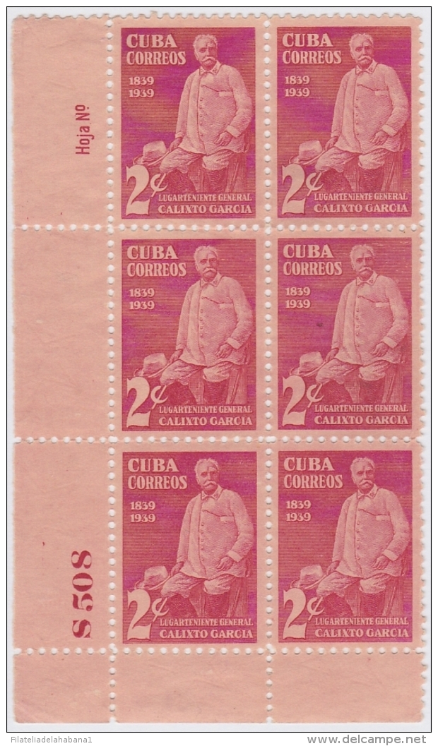 1939-154 CUBA. REPUBLICA. 1939. Ed.334. CALIXTO GARCIA. 2c PLATE NUMBER BLOCK 6 NO GUM. - Gebruikt