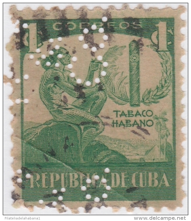 1939-157 CUBA. REPUBLICA. 1939. TOBACCO. 1c. PERFINS "R. V &amp; C&ordm;". RICARDO VELOSO BOOK STORE. - Gebruikt