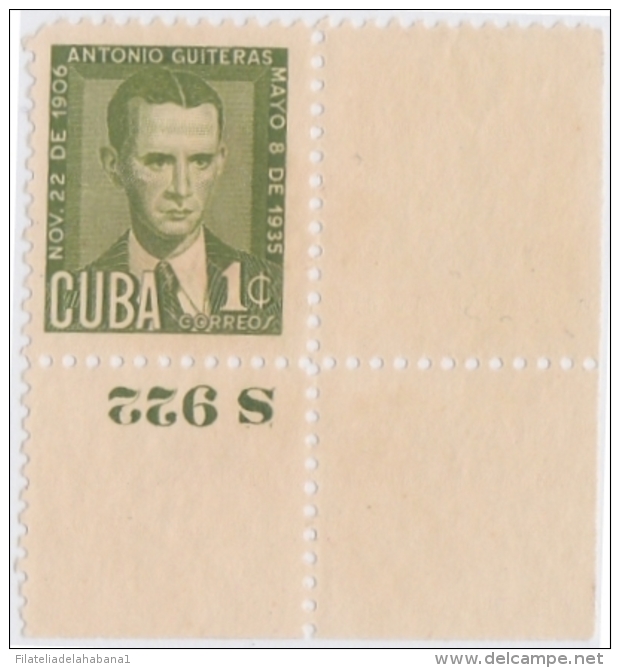 1951-199 CUBA. REPUBLICA. 1951. Ed.464. ANTONIO GUITERAS. 1c PLATE NUMBER NO GUM. - Ungebraucht