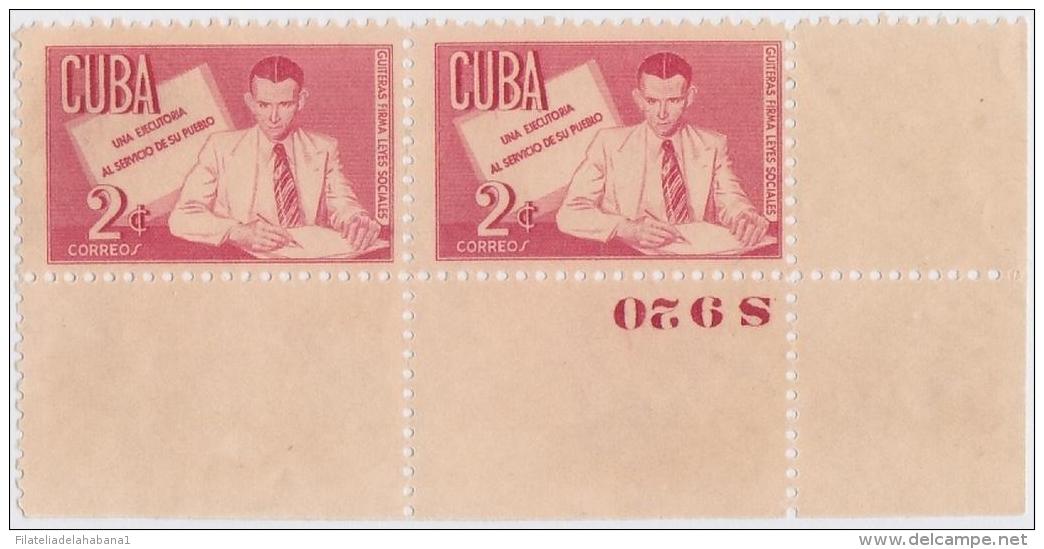 1951-201 CUBA. REPUBLICA. 1951. Ed.465. ANTONIO GUITERAS. 2c PLATE NUMBER NO GUM. - Ungebraucht