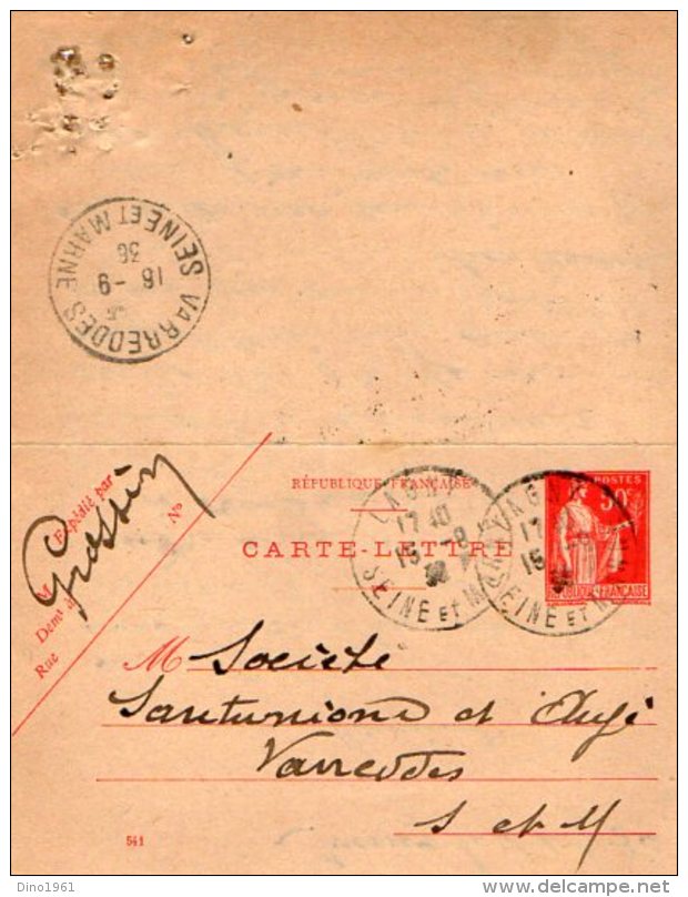 TB 989 - Entier Postal Type Carte Lettre OB LAGNY Pour VARREDDES - Cartes-lettres