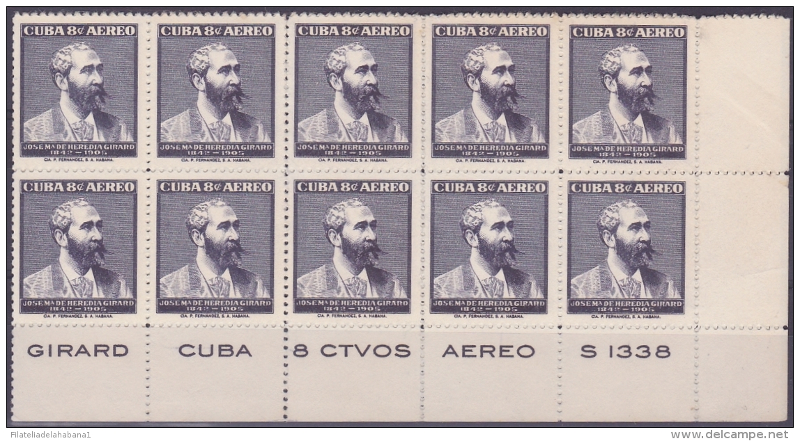 1957-226 CUBA. REPUBLICA. 1957. Ed.706. JOSE MARIA HEREDIA GIRALD. BLOCK 20. NO GUM. - Neufs