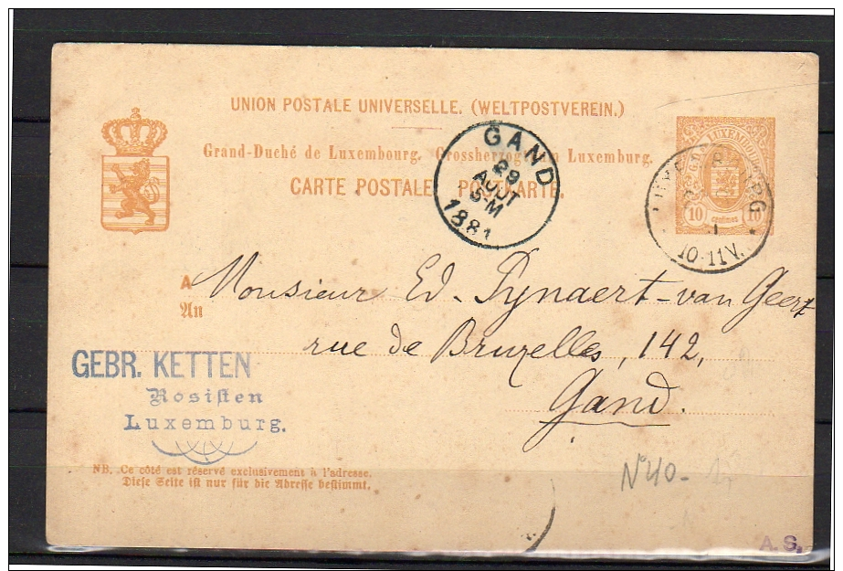 1881 GEBR> KETTEN Rosiften > Gand Belgie (L26) - Entiers Postaux