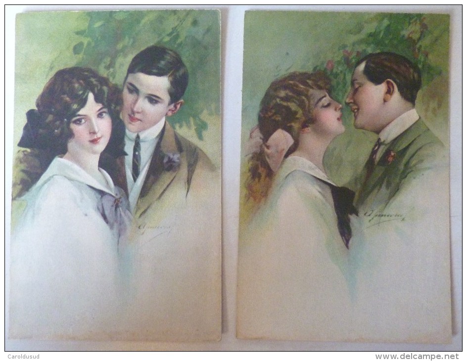 Cpa Lot 2x Litho Illustrateur Stampa Milano 6102  A. GUERINONI ?  Couple Amoureux Decor Verdure - Guerinoni