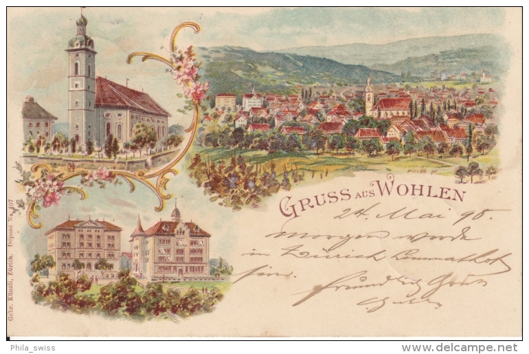 Gruss Aus Wohlen - Farbige Litho - Kirche, Schulhäuser, Dorf - Wohlen