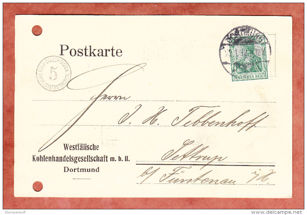 Firmenkarte, EF Germania, Runder Custos-Portokontrollstempel, Dortmund Nach Sottrup 1912 (29585) - Lettres & Documents