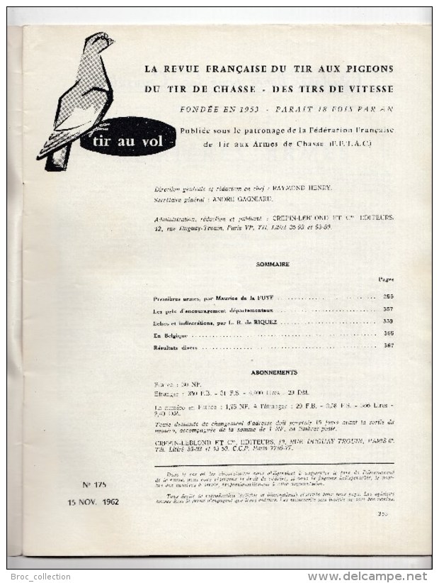 Tir Au Vol, La Revue Française De Tir Aux Pigeons N° 175, 1962, Maurice De La Fuye, L. R. De Riquez, Belgique, Armes - Wapens