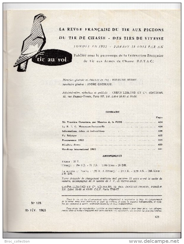 Tir Au Vol, La Revue Française De Tir Aux Pigeons N° 178, 1963, Maurice De La Fuye, Montesson-Sartrouville, Belgique - Waffen