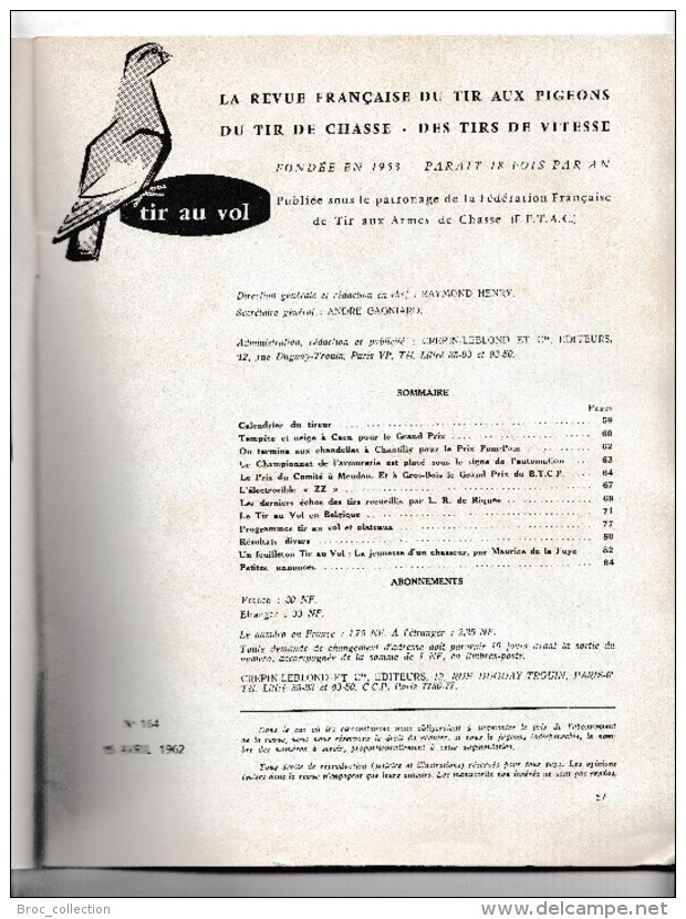 Tir Au Vol, La Revue Française De Tir Aux Pigeons N° 164, 1962, Caen, Chantilly, Meudon, L. R. De Riquez, M. De La Fuye - Wapens