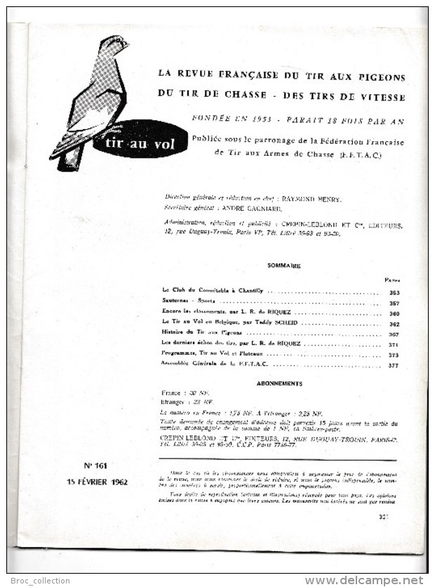 Tir Au Vol, La Revue Française De Tir Aux Pigeons N° 161, 1962, Chantilly, Sauternes, L. R. De Riquez, Teddy Scheid - Wapens