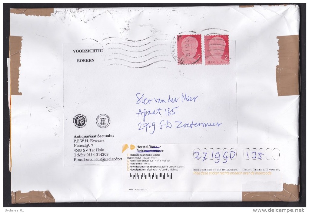 Netherlands: Cover, 2015, 2 Stamps, Auxiliary Label Redirected, Incorrect Post Code (traces Of Use) - Brieven En Documenten