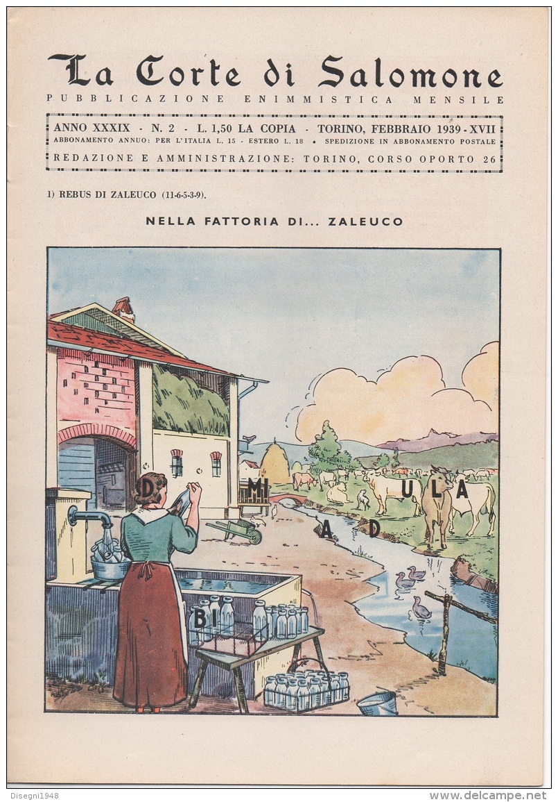 05260  "LA CORTE DI SALOMONE - PUBBLICAZIONE ENIMMISTICA MENSILE -  ANNO XXXIX - N. 2 - FEBBRAIO 1939 - XVII" ORIGINALE - Giochi