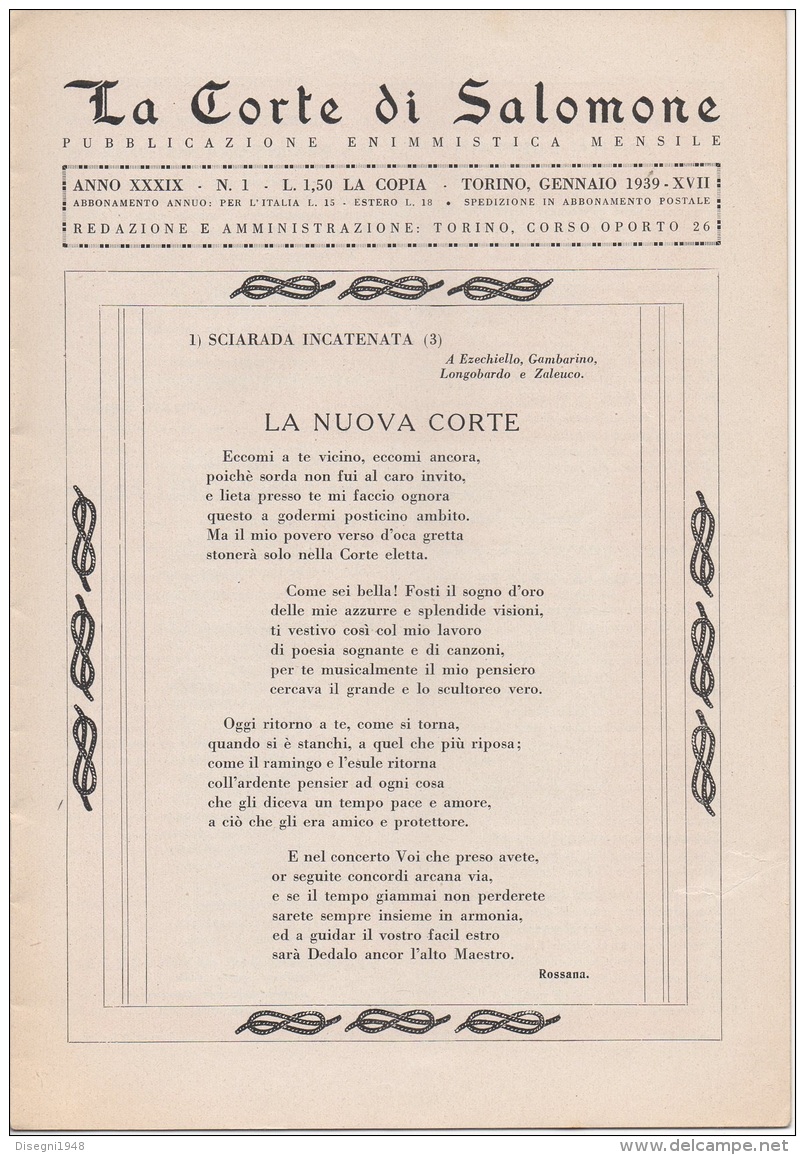 05261 "LA CORTE DI SALOMONE - PUBBLICAZIONE ENIMMISTICA MENSILE -  ANNO XXXIX - N. 1 - GENNAIO 1939 - XVII" ORIGINALE - Games