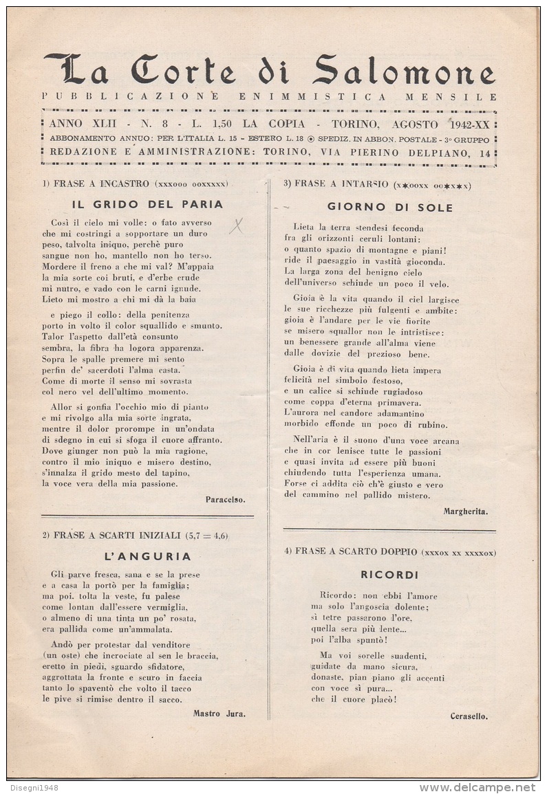 05262 "LA CORTE DI SALOMONE - PUBBLICAZIONE ENIMMISTICA MENSILE -  ANNO XL - N. 5 - MAGGIO 1940 - XVIII" ORIGINALE - Games