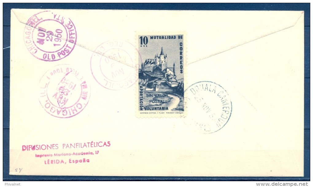 1950 , GUINEA ESPAÑOLA , ED. 294 , DIA DEL SELLO COLONIAL , PRIMER DIA , CIRCULADO A CHICAGO , TRÁNSITO DOUALA - CAMERÚN - Spanish Guinea