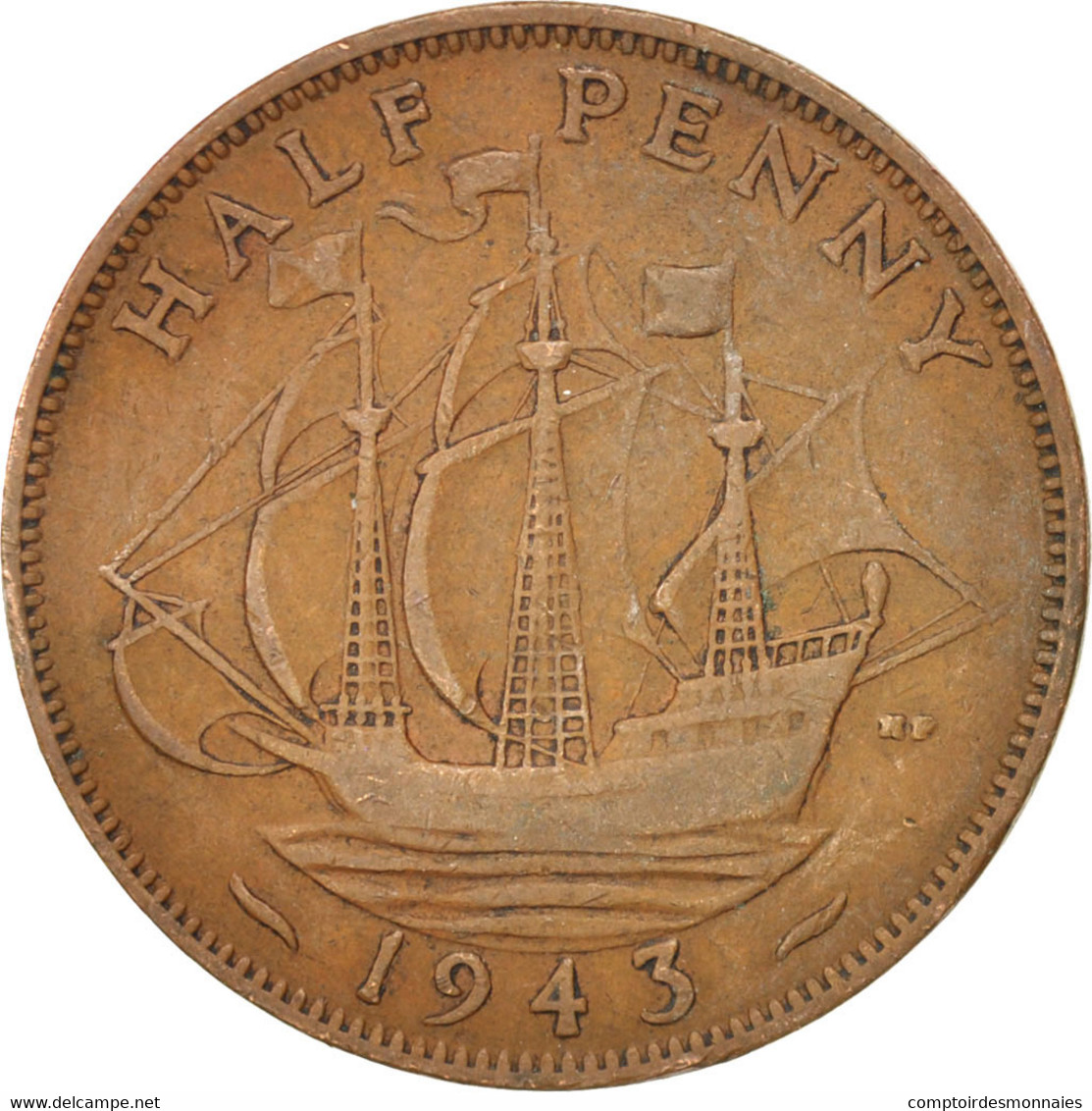 Monnaie, Grande-Bretagne, George VI, 1/2 Penny, 1943, TB, Bronze, KM:844 - C. 1/2 Penny