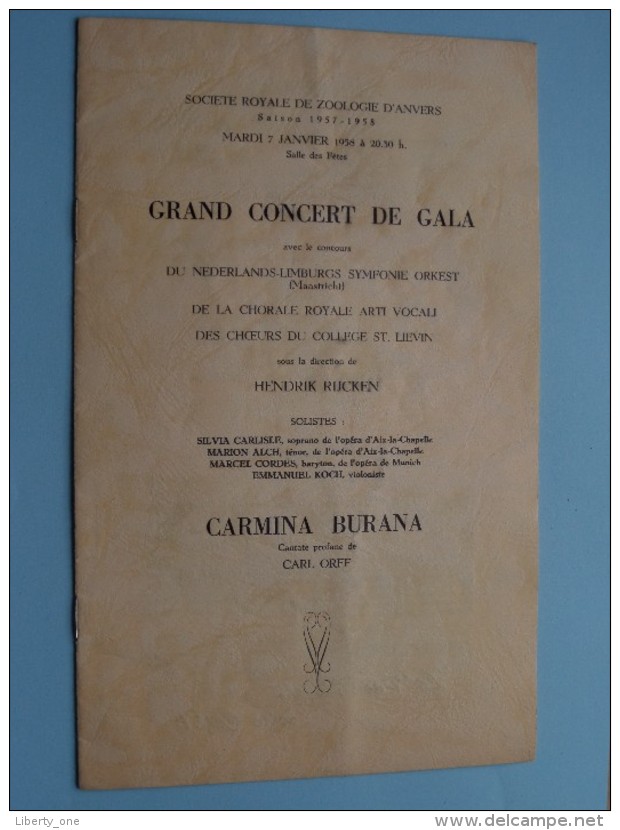 Groot GALA CONCERT Koninklijke Maatschappij Voor DIERKUNDE Van ANTWERPEN Seizoen 1957-1958 !! - Programmes