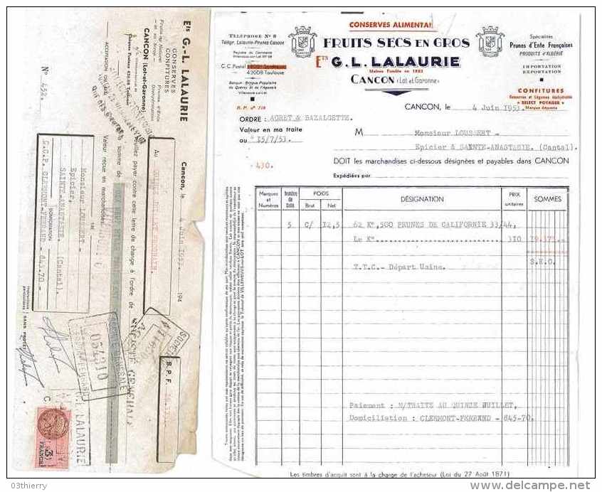 FACTURE + LDC FRUITS SECS 1953 G. L. LALAURIE 47 CANCON - Alimentaire