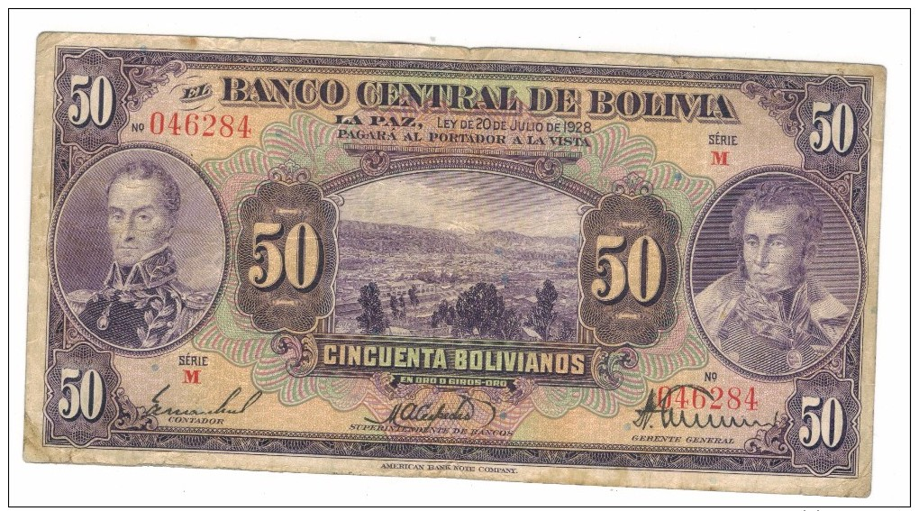 Bolivia 50 Bolivianos, 1928, G/VG. - Bolivia