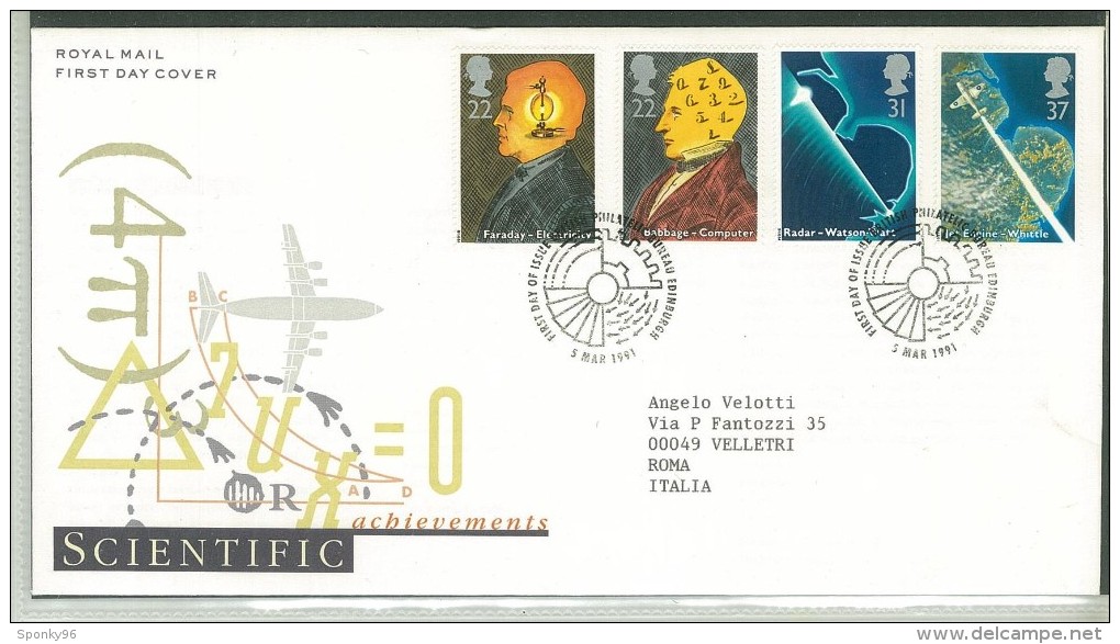 FDC SCOTLAND - SCOZIA - ANNO 1991 - ROYAL MAIL - SCIENTIFIC ACHIEVEMENTS - EDINBURGH - PER ROMA - - 1981-1990 Decimal Issues