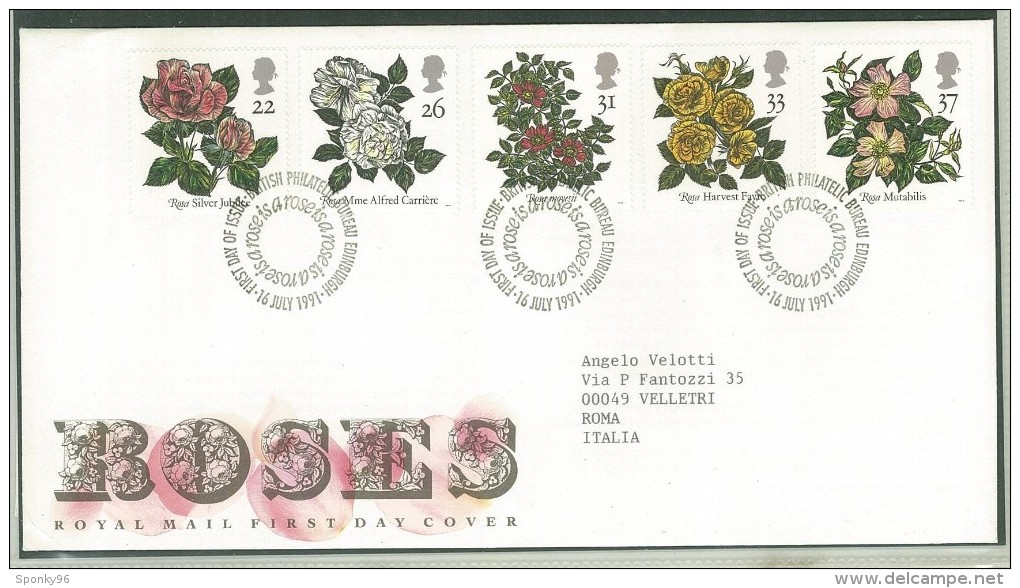 FDC SCOTLAND -  SCOZIA - ANNO 1991 - ROYAL MAIL - EDINBURGH - ROSES - ROSA SILVER JUBILEE - MME ALFRED CARRIERE -MOYESII - 1981-1990 Em. Décimales