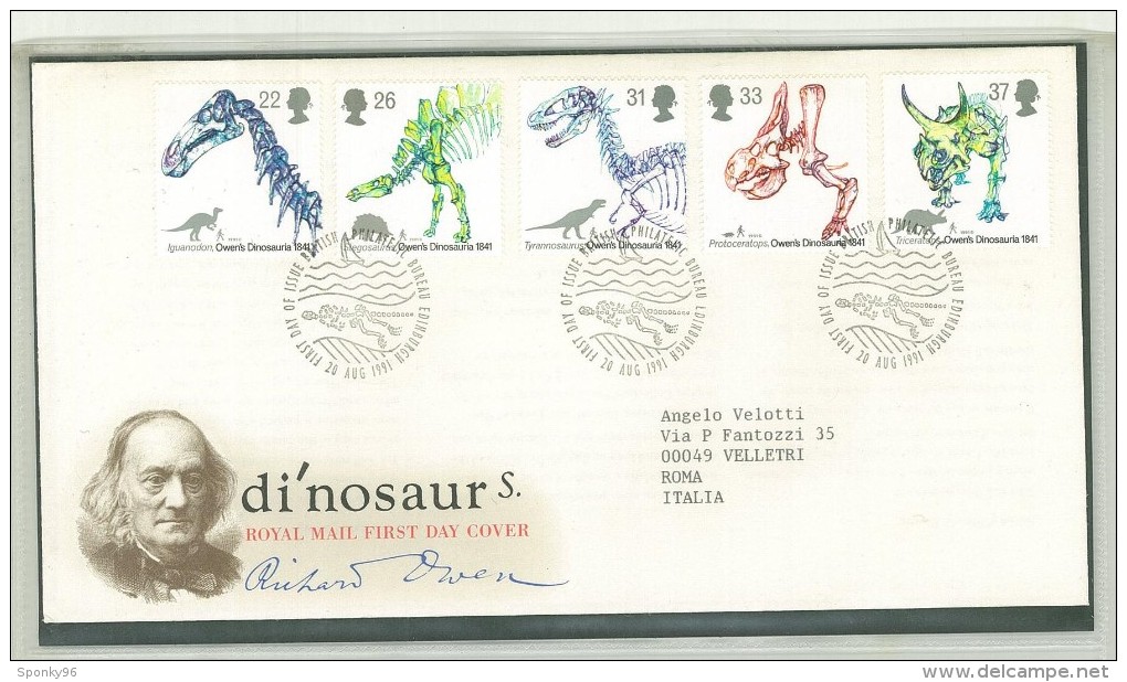 FDC SCOTLAND -  SCOZIA - ANNO 1991 - ROYAL MAIL - EDINBURGH - DINOSAURI - DINOSAURS - RICHARD OWEN - STEGOSAURUS - TYRAN - 1981-1990 Decimal Issues