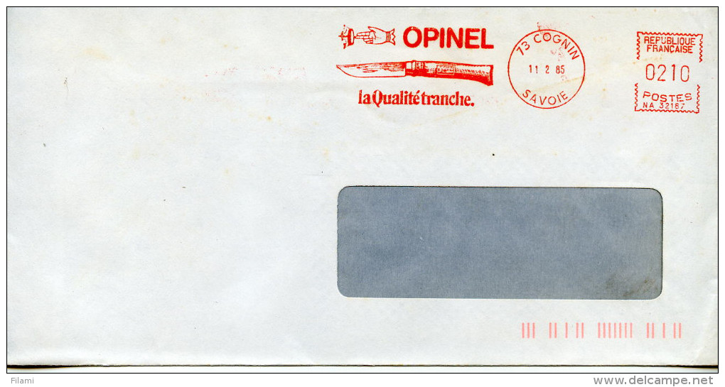 EMA Main Couronné Marque OPINEL Couteau Pliable Au Manche En Bois,73 Cognin,Savoie,lettre Obliterée 11.2.1985 - Factories & Industries