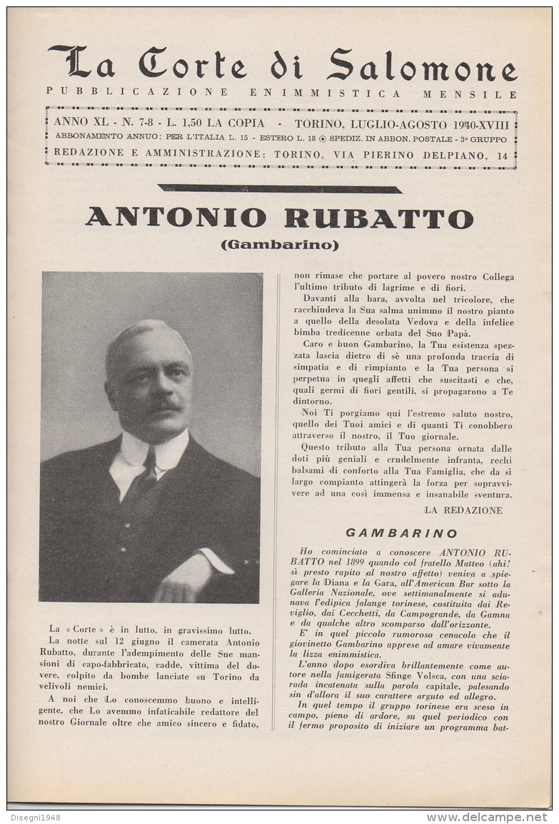 05266 "LA CORTE DI SALOMONE - PUBBLICAZIONE ENIMMISTICA MENSILE -  ANNO XL - N. 7-8   LUG.- AGO. 1940 - XVIII" ORIGINALE - Games