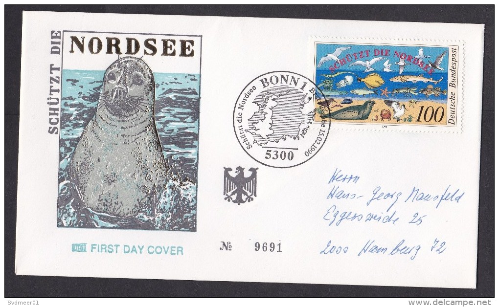 Germany: FDC First Day Cover, 1990, 1 Stamp, North Sea Animals, Sea Life, Seal, Fish, Bird, Crab (traces Of Use) - Brieven En Documenten