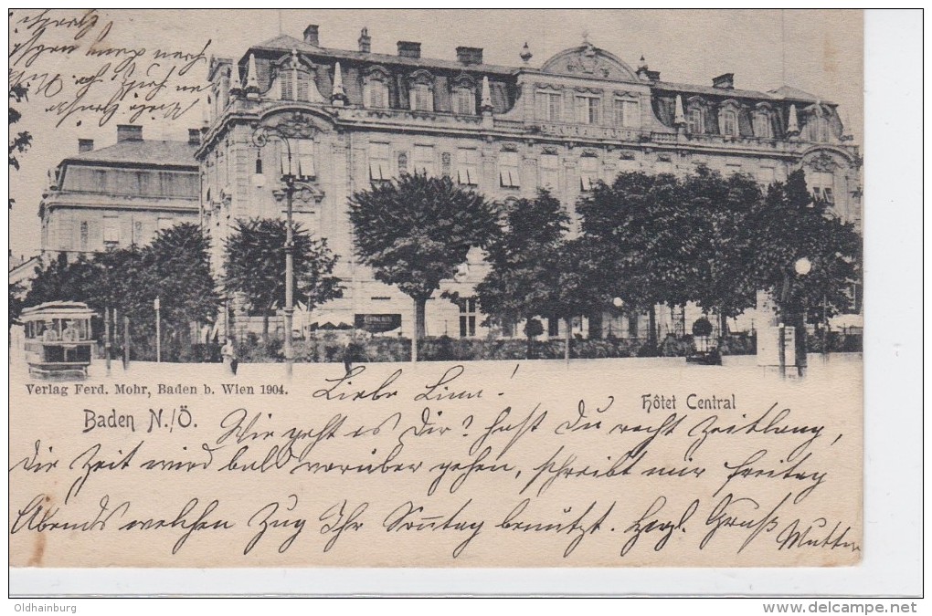 4010g: Hotel Central, Gelaufene AK 1904 (alte Preisauszeichnung ÖS 130.-) - Baden Bei Wien