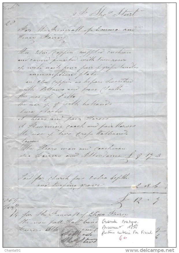 GRANDE BRETAGNE DOCUMENT 1858 FACTURE ENDOSSEE PAR FISCAL - Fiscaux
