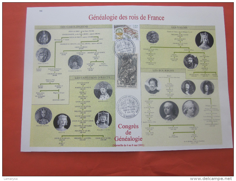 CAD COMMEMORATIF 7 MAI 2001 GENEALOGIE DES ROIS DE FRANCE BLOC FEUILLET 2 TIMBRES Congrés De Généalogie Marseille - Used